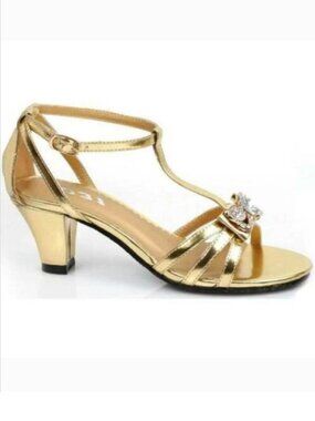 Princess Dress Up Shoes Gold 4/5 Low Block Heels T-Strap Halloween Sandals Girls